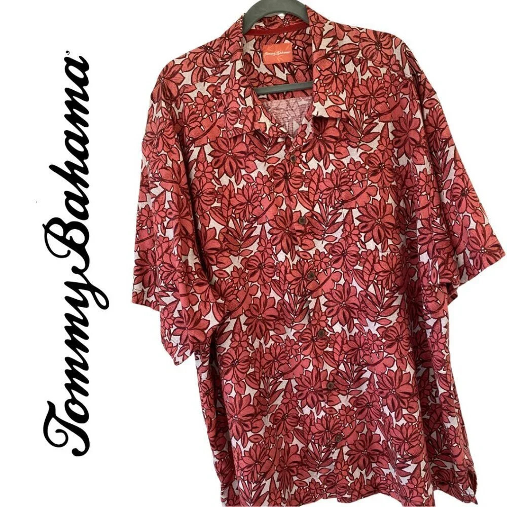 Tommy Bahama, 100%‎ Silk Tropical Floral Short Sleeve Button-down Shirt, Salmon
